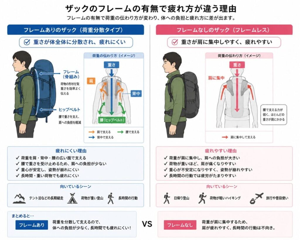 ザックのフレームの有無による特徴